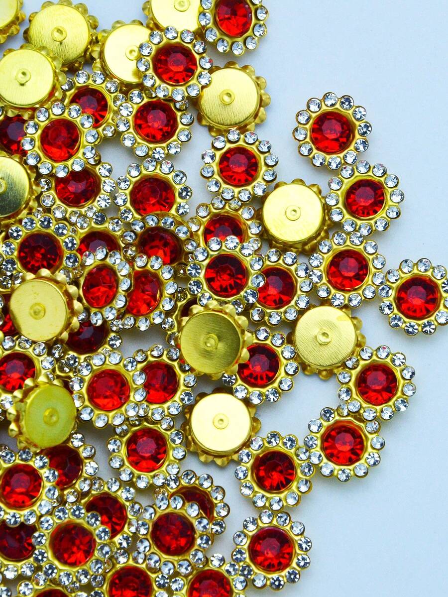 100/50pcs/Pack 12mm Round Rhinestone Flower Buttons, Sunflower Shiny Buttons, Double Flower Design, Sewing DIY Accessories, Bows And Crafts - Red - View 1