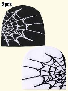 2pcs/1pc - Acrylic Spider Web Jacquard Knit Beanie Hat, Unisex, Adult Winter Outdoor Cycling Warm Knit Cap, Windproof Warm Hat, Insulation Protection, With Pom Pom - Multicolor - View 20