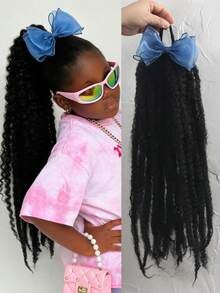  1pc 20 Inch Synthetic Crochet Marly Braids Hair Kids Faux Braid Wigs With Yarn Bow Braiding Hair Afro Kinky Crochet Hair Extensions With Rubber Bands Heat Resistant - Natural Black - View 8