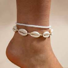 Shell Jewelry Ocean Beach Vacation Style Rice Bead Two-Piece Set Color-Block Shell Handmade Anklet - 29137-orange - View 10
