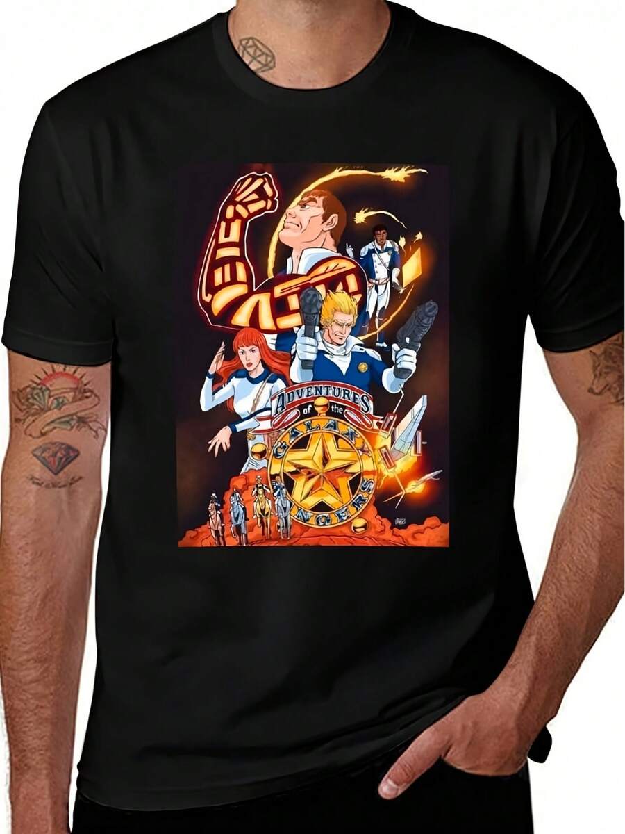 Men'S Adventures Of The For Galaxy Rangers Anime T-Shirt - Black With Red & Yellow Graphic, Short Sleeve, Round Neck, Casual Streetwear, All-Season Comfort Fit, Anime T Shirts, Comfortable Clothing, Dynamic Character Design, Durable Fabric - 黑色 - 查看 1