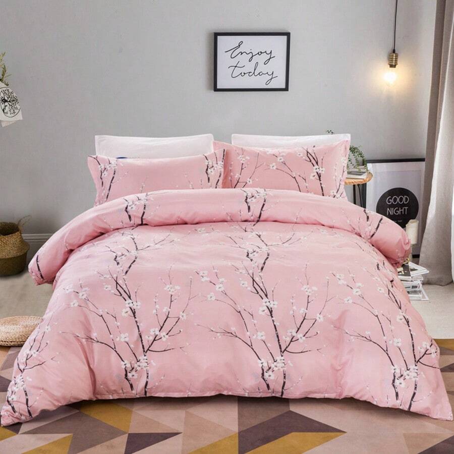 3PCS Soft Branches Leaves Pattern Duvet Cover Bedding Set With 2 Pillowcases Gift Pink Leaf Quilt Cover, Cozy Bed For Warm Fall & Festive Bedroom Decor, Soft & Stylish Bedding Collection - Pink - View 1