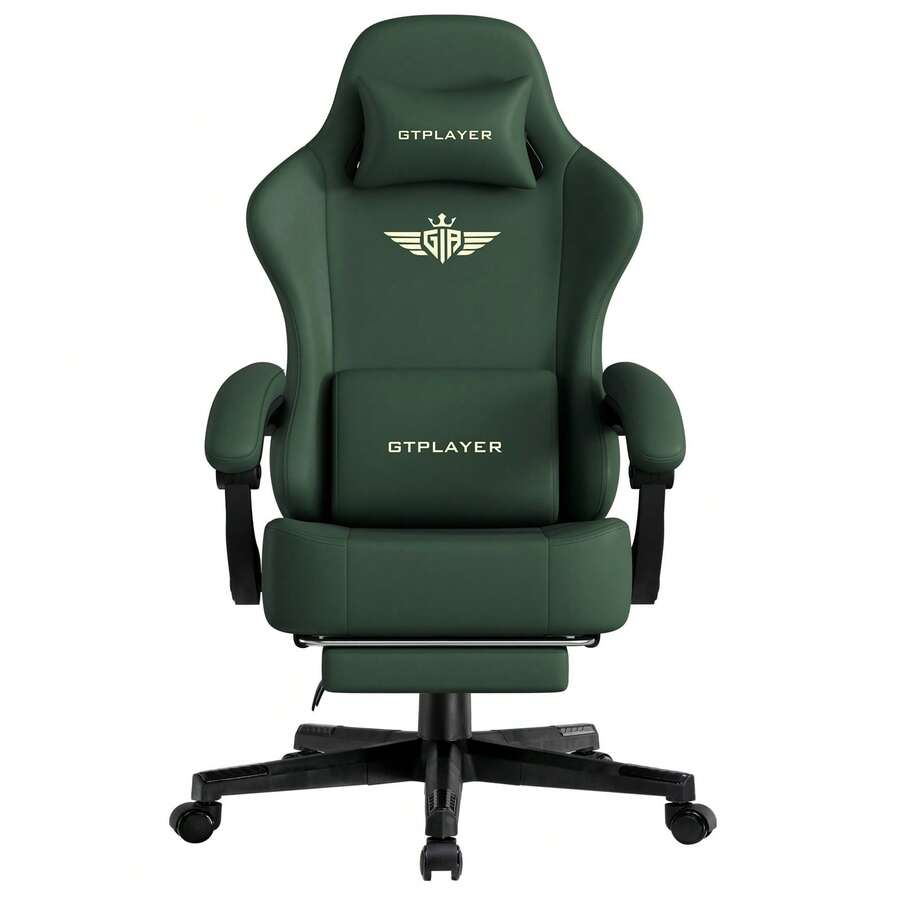 Fabric Gaming Chair, Ergonomic Computer Chair With Footrest And Lumbar Support Height Adjustable Home Office Chair - Green-Faux Leather - 查看 1