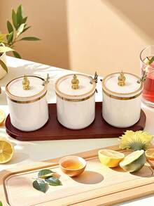 1 Set Wooden Base & Plastic Spice Jars, Kitchen Storage - Brown Wood Spice Jar Gourd Top - View 3