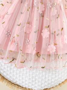 Summer Baby Girl Casual Cute Ruffle Trim Collar & Cuff Mesh Overlay Dress - Pink - View 6