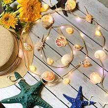 Luces decorativas de cuerda de cáñamo con temática de playa con concha marina cadena de luces náuticas iluminadas por 39 ledes 19 conchas de 6.5 pies alimentadas por batería para verano camping - Blanco - Ver 4
