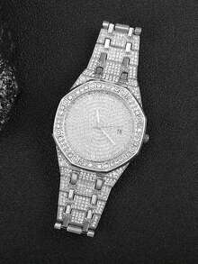2pcs Hiphop Style Bracelet Set With Shiny Quartz Watch, Fashionable Accessories For Daily Wear, Unisex - Silver - View 4