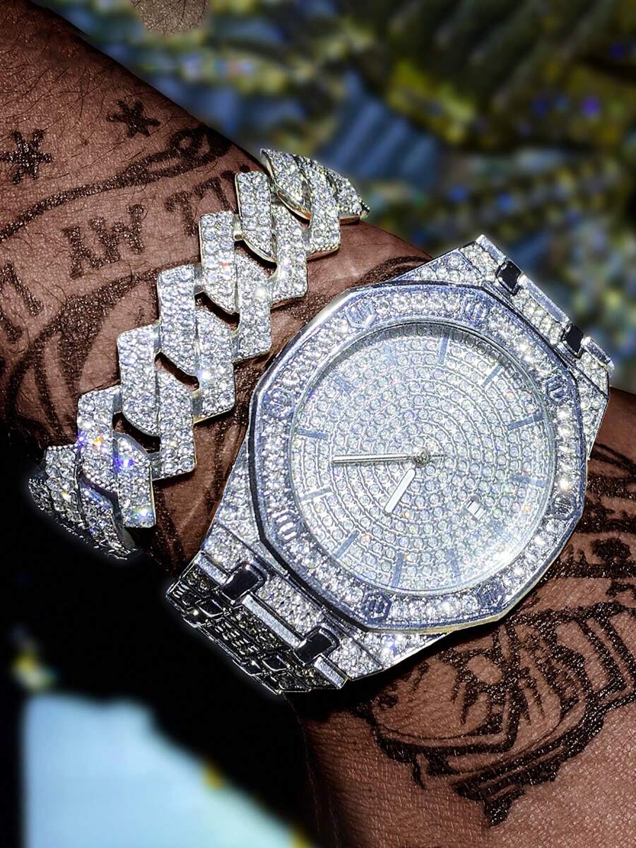 2pcs Hiphop Style Bracelet Set With Shiny Quartz Watch, Fashionable Accessories For Daily Wear, Unisex - Silver - View 1