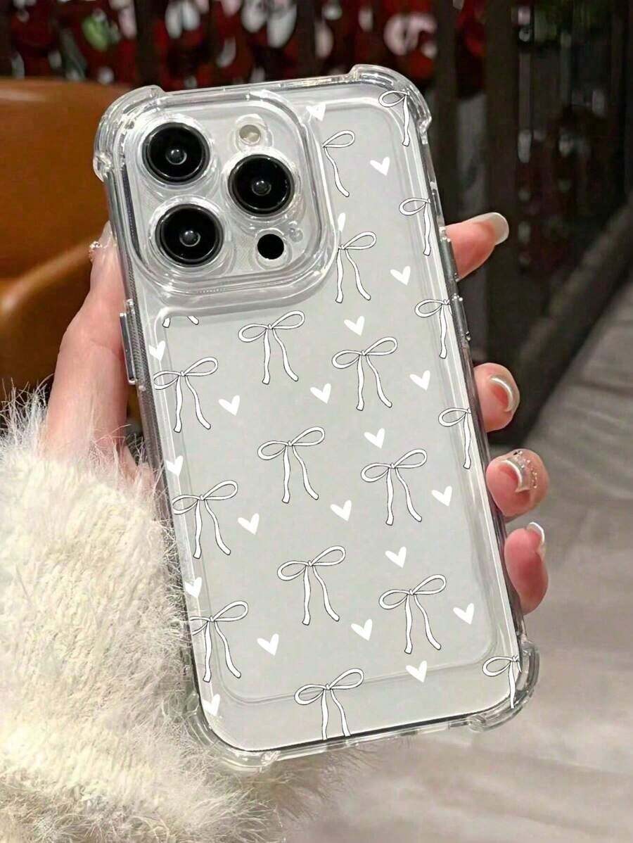 Funda de Teléfono Transparente con Diseño de Lazo y Corazón, con Esquinas a Prueba de Golpes para  14/15/16/16 Pro Max/12 Pro/11/Xr/Xs/7/8 Plus - Material TPU Duradero para Fundas de - Estilo 1 (1 pieza) - Ver 1