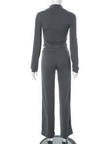 2pcs Women's Casual Set, Cropped Top With Zipper Drawstring Pants, Medium Stretch, Pockets - Apricot - View 12