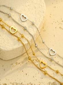 1件18K镀金925银心形手链，防水防褪色，女士饰品 - 銀色 - 查看 3