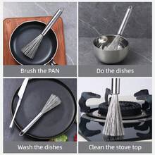 Long Handle Kitchen Cleaning Brush, Steel Wire Scrub Brush For Pots, Pans, Dishes, Sink, Stove, Convenient And Efficient Cleaning Tool - Silver - View 7