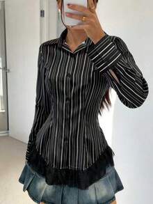 Bluză cu dungi la modă pentru femei, 1 buc., top casual de înaltă calitate, potrivit pentru purtare zilnică, petrecere de primăvară/vară pentru întoarcerea la școală, negru - Negru - Vizualizare 2