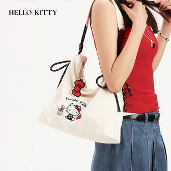 Limited Edition Hello Kitty Embroidered Tote Bag, Cute Japanese Style Shoulder Bag, Large Capacity Bookbag For Women, Waterproof Shopping Handbag, No Pendant