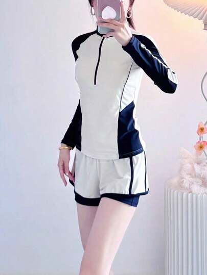 Black & White Minimalist Sports Swimwear, Beach Surfing Outfit, Snorkeling Set, Women's High Waist Swim Shorts, Quick Dry Compression Leggings, Slim Fit Activewear, Suitable For Fitness