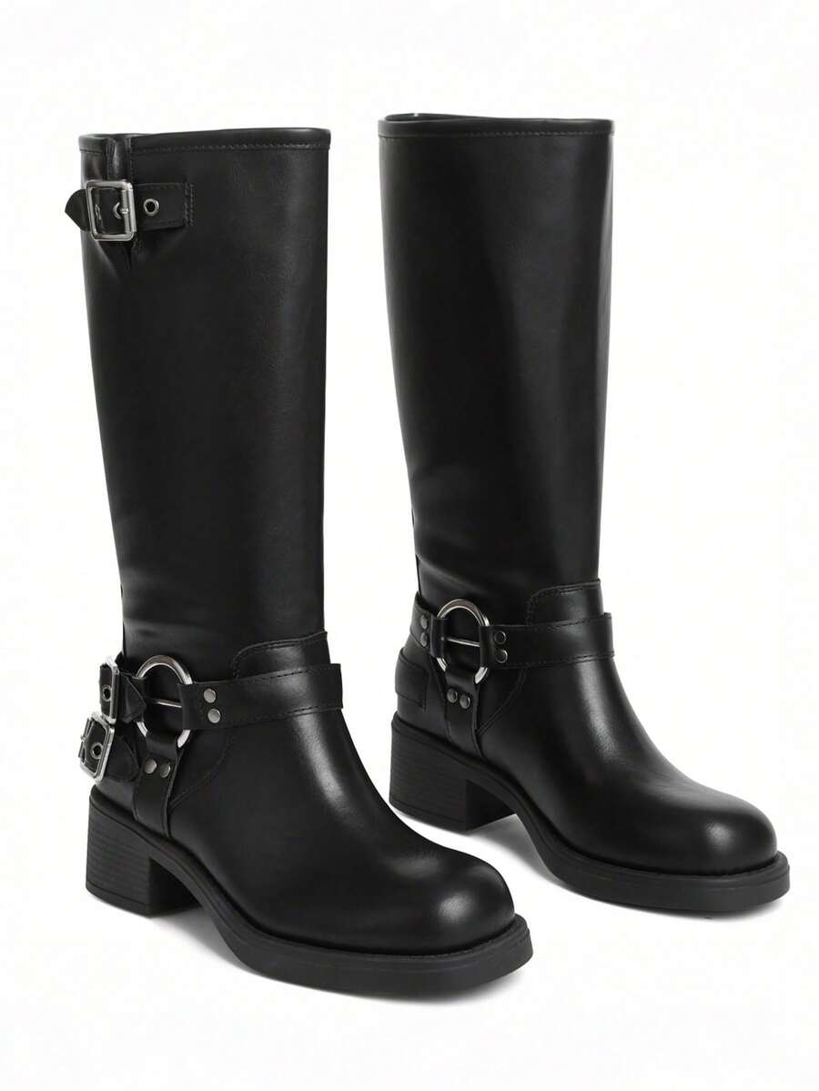 Vintage Metallic Buckles Knee High Boots For Woman Round Toe Wide Calf Riding Fashion Chunky Heel Pull On Y2K Motorcycle Boots - Đen A - Xem 1