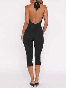 Bộ jumpsuit ôm sát, thanh lịch, thời trang với thiết kế khoét ngang phía trước, buộc dây cổ và hở lưng, phù hợp cho yoga và mặc hàng ngày, hàng mới về mùa xuân/hè, trang phục đi nghỉ mát cho nữ. - màu đen - Xem 3