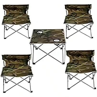 Set de 4 Sillas Plegables con 1 Mesa Portátil para Camping Juego de Muebles de Exterior Compacto y Ligero Ideal para Playa Picnic Jardín o Excursiones Militar