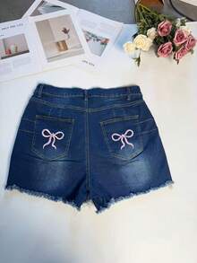 Plus Size Denim Mini Shorts, Frayed Hem, Medium Stretch, Straight Leg, Zipper Closure Casual Summer - Blue - View 7