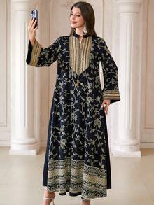 Long Sleeve Notched Neck Woven Fabric Arabian Dress With Exquisite Gold Embroidery And Tassels Elegant Full-Length Abaya For Women - Black - View 5