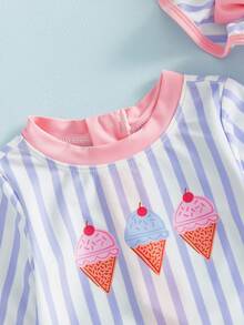 Toddler Girl Rash Guard Swimsuit Long Sleeve Ice Cream Embroidery Ruffled Swimwear With Hat For Beach Pool - Purple - View 7