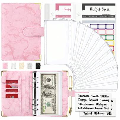 Budget Binder, Cash Envelopes For Budgeting, Money Organizer For Cash, 28Pcs Budget Binder With Cash Envelopes, Marble 6-Ring Money Saving Binder
