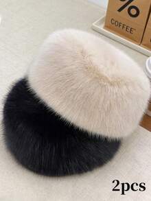 2pcs Women's Princess Faux Fur Bucket Hat, Thick Warm Autumn/Winter Hat With Large Brim, Elegant & Fashionable Vacation Outfits - 2pcs Multicolor - View 6