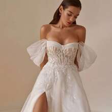 Vintage Classic Off Shoulder Lace Applique High Slit A Line Tulle Formal Wedding Dress,Registry Office Dresses Engagement Bridal Gown,Evening Party Dress Birthday Party Dress Country Wedding,Romantic Church Ceremony Wedding Dress,Suitable For Wedding,Dating,Party,Singles' Party,Vacation,Formal Occasions,Dinner Dress,Prom Dress,Homecoming Dess,Cocktail Party,Wedding Guest Dress,Graduation - 白色 - 查看 10