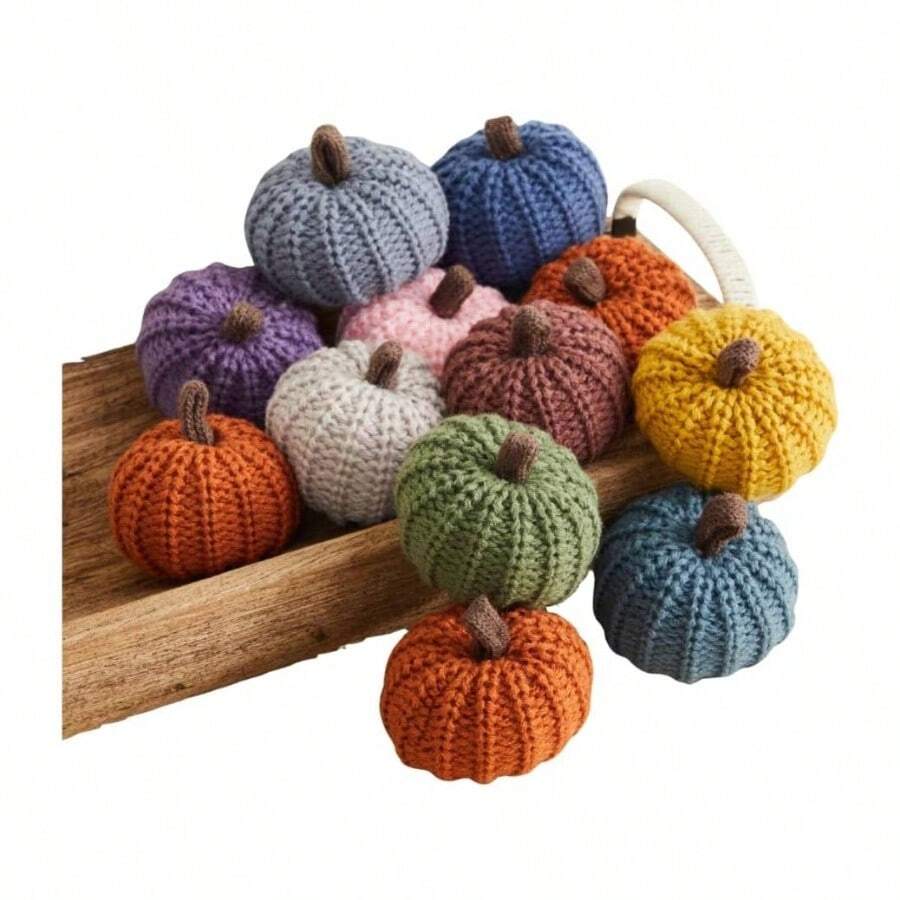 Knit Pumpkins Set Of 5, Fall Favorite, Gifts Women, Autumn Bowl Fillers Fall Farmhouse Tier Tray Decor, Decorative Pumpkins Friend Autumn Set - Mini Knit Assorted Set 12 - View 1