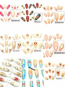 24 piezas de uñas postizas clásicas y minimalistas con formas de corazón, luna, estrella, francés y línea en color dorado metálico con forma de almendra, adecuadas para el Día de San Valentín, Año Nuevo, fiestas, bailes y ocasiones casuales, reutilizables y fáciles de quitar. Incluye pegamento de gelatina y lima de uñas. - Multicolor - Ver 2