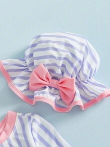 Toddler Girl Rash Guard Swimsuit Long Sleeve Ice Cream Embroidery Ruffled Swimwear With Hat For Beach Pool - Purple - View 6