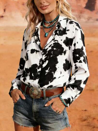 Camisa/blusa de mujer de estilo vaquero occidental con estampado de vaca y leopardo, de solapa vintage y sencilla