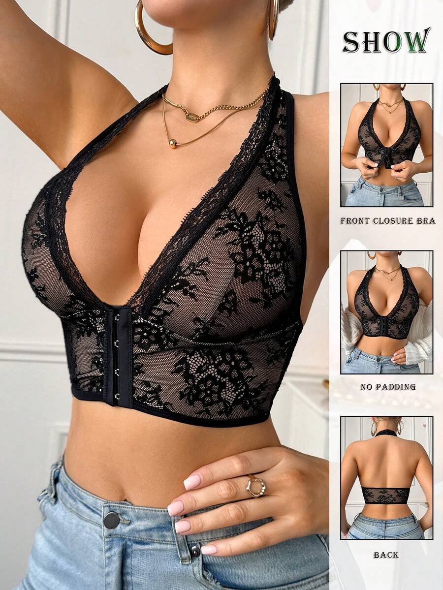 1pc Women Lace Front Closure Wireless Comfortable Bra - Black - View 1