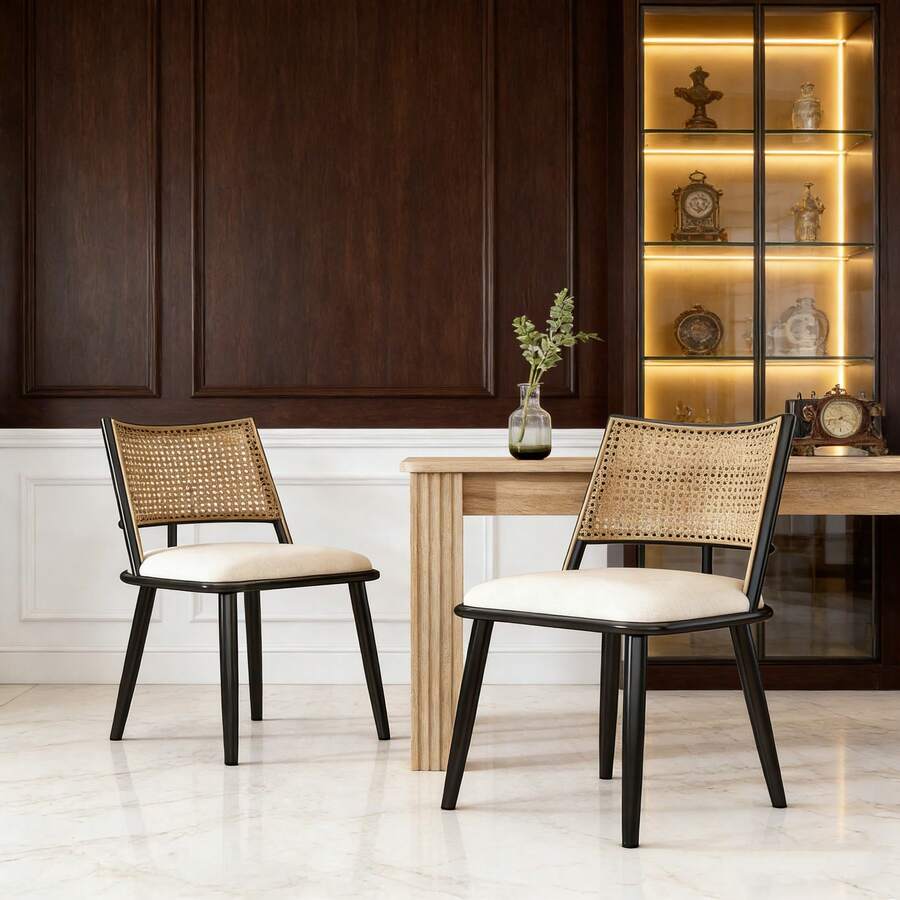 Dining Chairs - Black + Rattan - View 1
