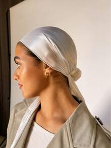 A Men's And Women's Pirate Hat Durag White Bandana, Silk, Elastic Headband, Faux Fur, Silk Satin, Long-Tailed Cap. - Silver - View 2
