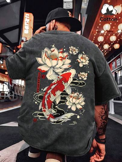 加大码男士新款水洗T恤，纯棉短袖，街头风趣味Emo图案乐队T恤，篮球，平价服饰，Manfinity Hombre，Youngboy Never Broke Again，Friends TV，男士动漫，万圣节，黑色水洗短袖，金鱼，鲤鱼，日式风格，莲花，吉祥云，字母印花长袖休闲款，印花白色英文图案百搭水洗短袖，Y2K风格，适合日常穿着