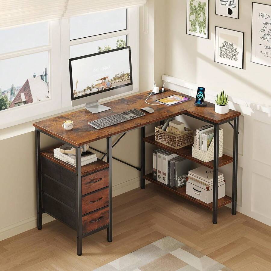 Sweetcrispy L Shaped Desk With Shelf Drawers, White Corner Computer Desks Gaming With Power Outlet, Study Table With Adjustable Shelves, Home Office Tables For Bedroom Teacher Reading Writing - 查看 1
