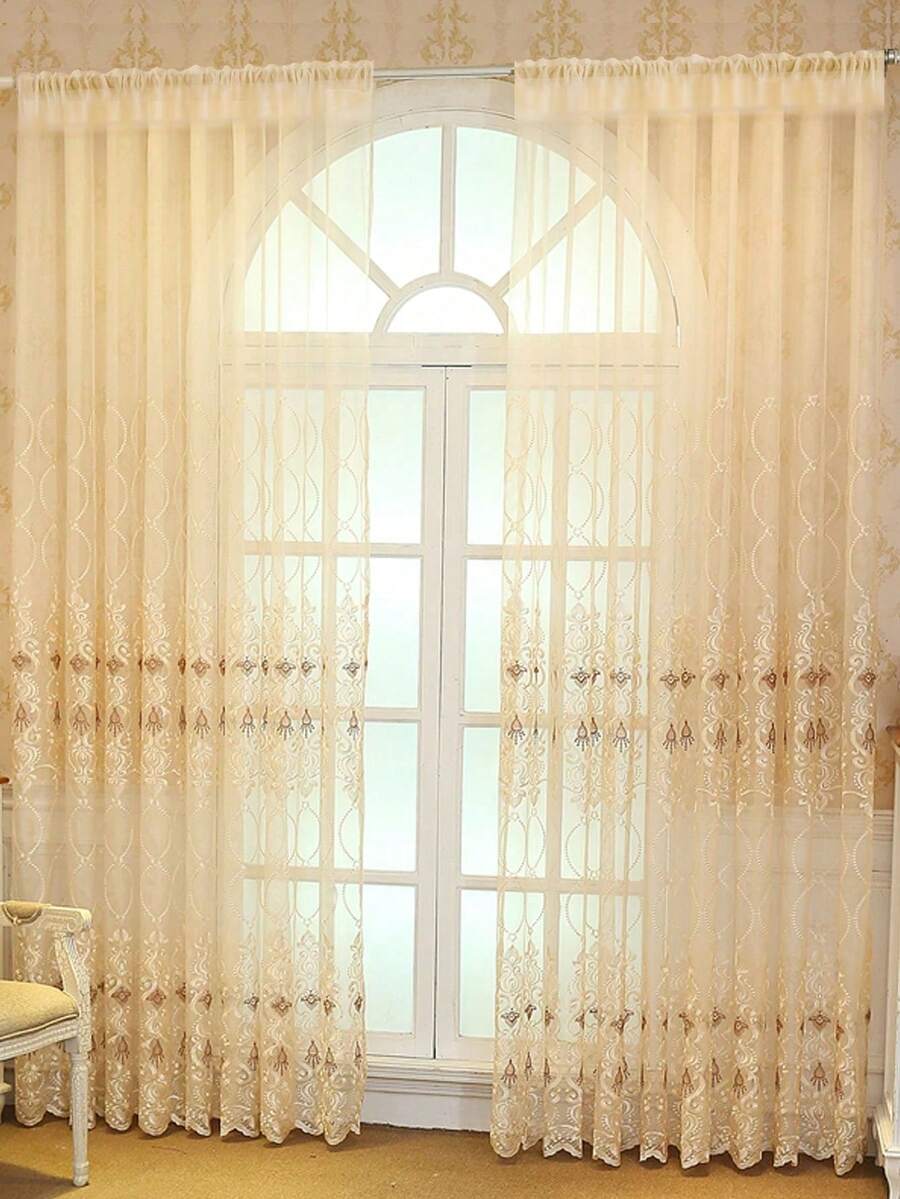 1pc European Style Embroidered Sheer Curtain, Suitable For Living Room, Balcony, Bedroom - Beige - View 1