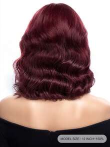 QVR QUEEN VIRGIN REMY QVR酒红色波浪卷波波头假发，真人发，宽松深蕾丝前波波头假发，侧分，预先拔毛，150%密度，透明蕾丝前波波头假发，蓬松头顶，黑帮妻子风格波波头假发，修饰脸型，深蕾丝分缝 - S99J - 查看 3