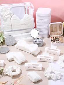 8件套女孩SPA派对礼品套装，粉色睡衣派对用品，包括蝴蝶结发带、腕带、发圈、发夹、首饰盒、化妆包、镜子，适合女性伴娘回礼 - 彩色 - 查看 7