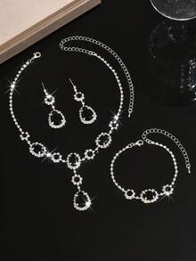 1 Set Crystal Jewelry Set - Teardrop + Cluster Style, Copper Material With Shiny Rhinestones, Suitable For Banquets & Celebrations, Excellent Valentine's Day Gift - Black and White - View 3