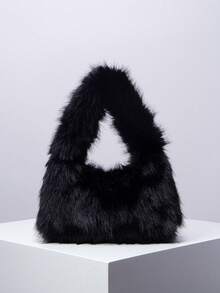 Solid Fluffy Soft Candy Color Satchel Bag, Y2K Style Faux Fur Tote Bags For Ladies, Party Bag, Party Dresses For Women, Winter Fur Purse, Suitable For Commuting, Work, Gatherings, Parties, Perfectly Matching With Fall Outfits Womenfall Clothes For Women, New Arrival Fur Bag For Women - 黑色 - 查看 1