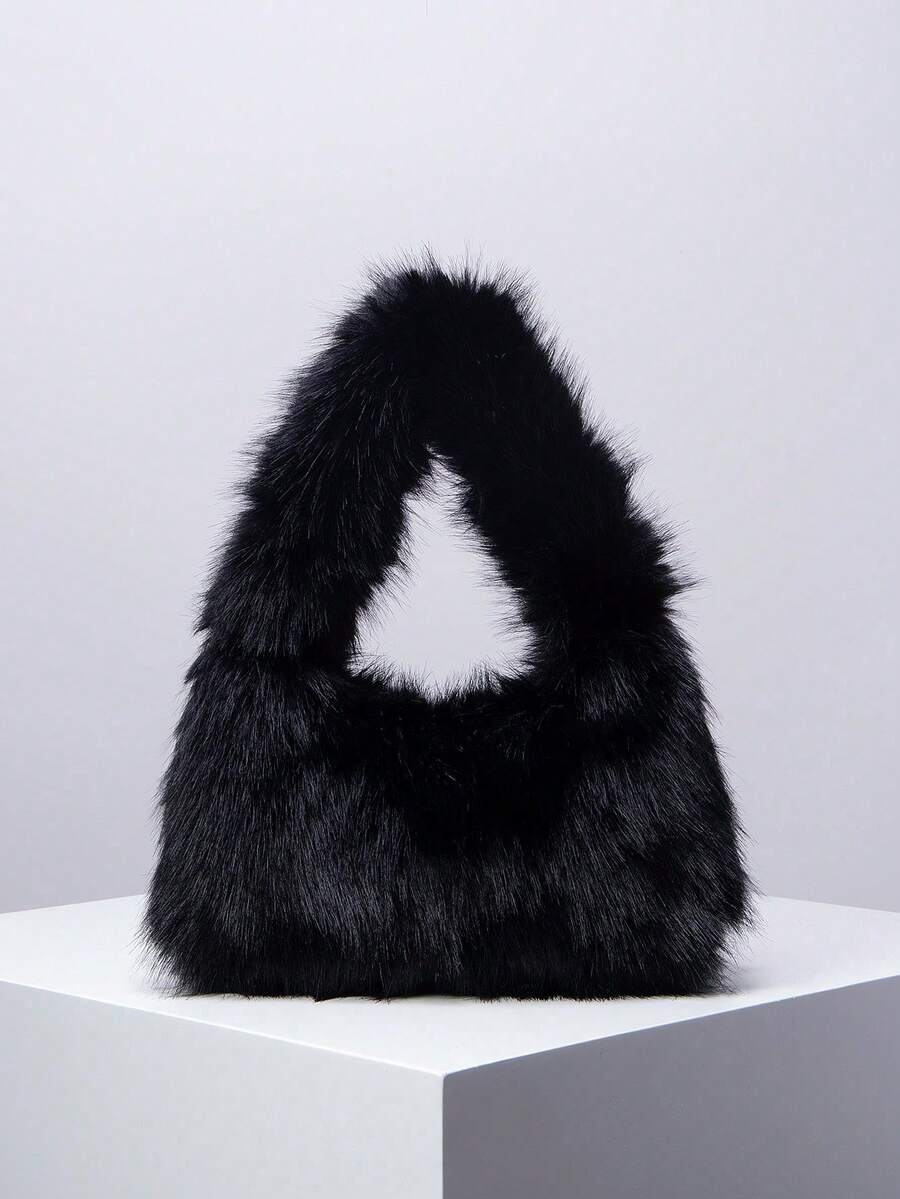 Solid Fluffy Soft Candy Color Satchel Bag, Y2K Style Faux Fur Tote Bags For Ladies, Party Bag, Party Dresses For Women, Winter Fur Purse, Suitable For Commuting, Work, Gatherings, Parties, Perfectly Matching With Fall Outfits Womenfall Clothes For Women, New Arrival Fur Bag For Women - 黑色 - 查看 1