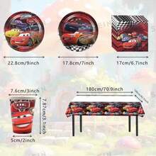 88件套汽车主题生日派对一次性餐具套装 - 纸盘、纸杯、餐巾纸、赛车旗 - 彩色 - 查看 4