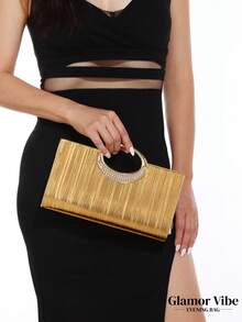 1pc Women's Gold Glitter Evening Clutch Bag, Metallic Pleated Leather, Metal Decorations & Chain Strap, Suitable For Weddings, Parties, Galas, Festivals, Formal Dresses, Valentine's Day, Birthday Gifts - Gold - View 5