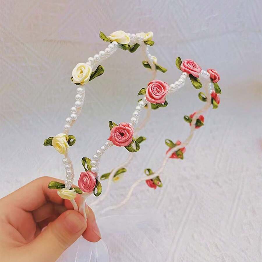 2件装新款玫瑰仿珍珠发箍花朵丝带发饰伴娘头饰甜美蝴蝶发夹发箍、发带、发圈发箍 - 彩色 - 查看 1