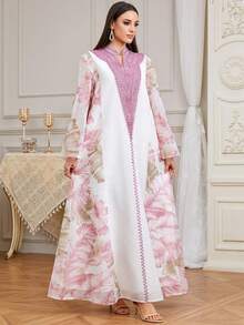 Elegant Women's Ramadan New V-Neck Printed Embroidered Kaftan Robe, Suitable For Home, Daily Wear, Dates, Eid Al-Fitr Celebration, Eid Al-Adha Party, Abaya - Pink - View 4