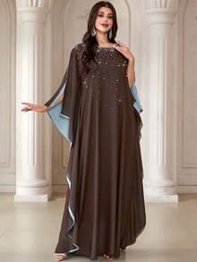 Women's Round Neck, Color-Block Soft & Comfortable Arabic Long Abaya, Suitable For Festivals, Daily Wear And Multiple Occasions - Coffee Brown - View 6