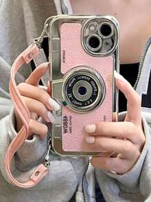 1pc Camera Shaped Phone Case With Lanyard, Compatible With Apple Phones - Pink - View 2