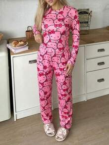 SANRIO 2pcs HELLO KITTY Women Pajama Set, Long Sleeve Top And Pants, Fashionable Vibrant Pink Color, Suitable For Spring And Autumn - Hot Pink - View 4